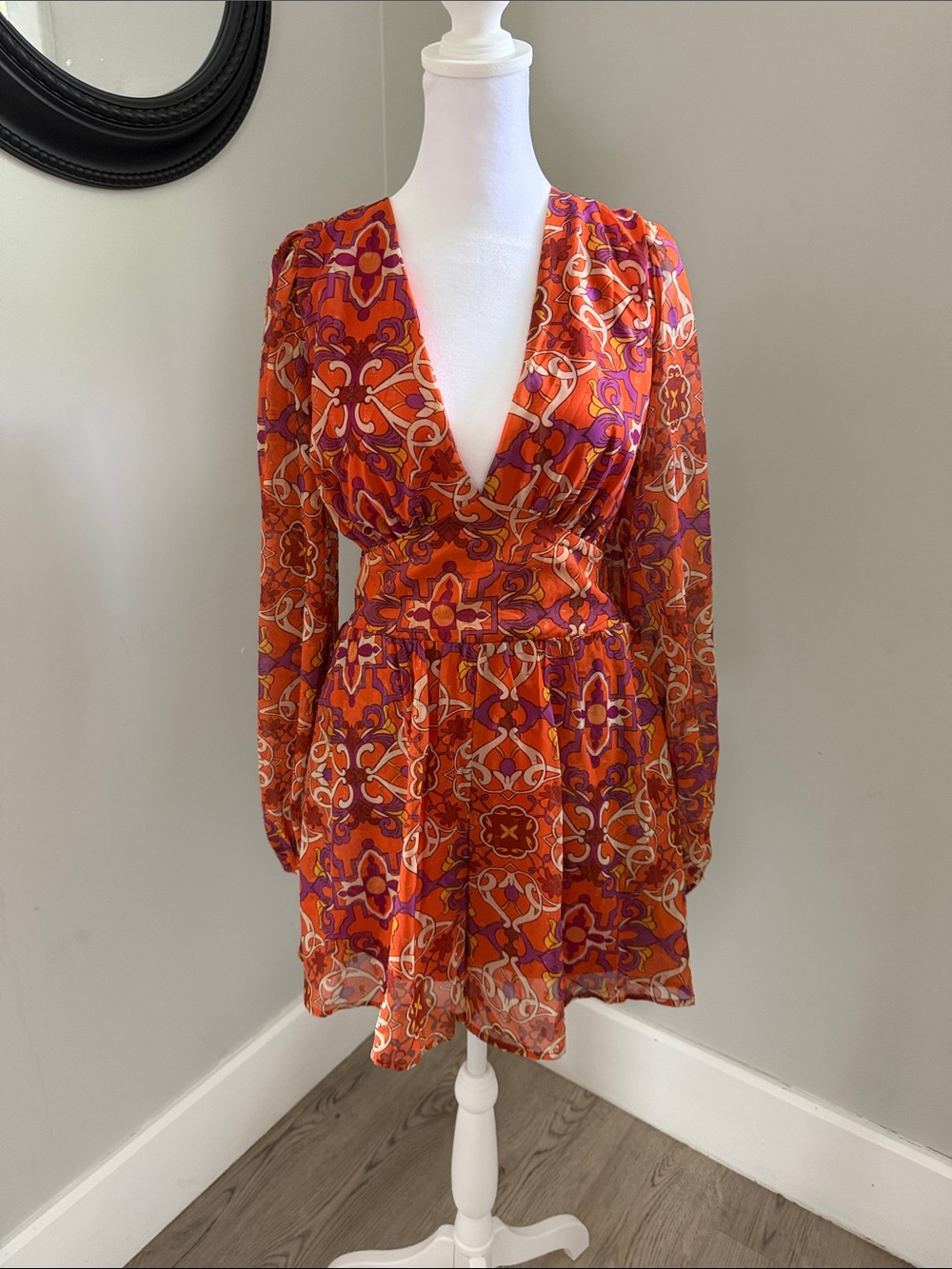 Vibrant Patterned Orange Printed V-Neck Long-Sleeve Romper